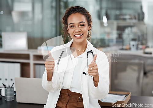 Image of Doctor, woman and thumbs up portrait with healthcare and hospital success at clinic. Thank you, medical and professional with a smile from agreement, emoji and yes motivation hand sign from wellness