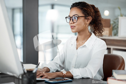 Image of Professional woman at desk, working at computer with email and writing article at digital marketing agency. Focus, web design and typing at desktop PC with female copywriter, notes and SEO content