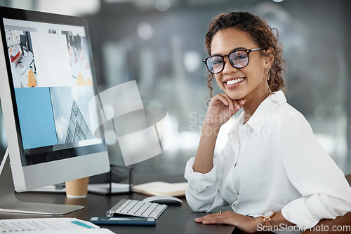 Image of Woman smile at desk, computer screen with web design, portrait and website layout at digital marketing agency. Focus, happy female creative and working with technology, SEO and research at startup