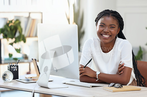 Image of Portrait of black woman in office with computer, happiness and online research for small business administration. Happy African businesswoman at desk with smile planning schedule, proposal or report.