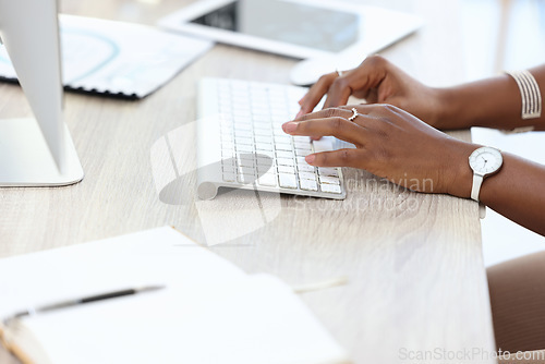 Image of Computer, keyboard and business woman hands typing, copywriting and research for newsletter, blog or article. Writer, editor or person working, editing or planning online, website management and desk