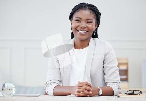 Image of Black woman, smile and business portrait at desk for corporate career, pride or happiness. Face of professional african female entrepreneur or CEO with success mindset, development and startup growth