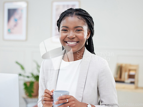 Image of Black woman, face and business smile with coffee in office for corporate career. Portrait of professional african female entrepreneur or CEO with tea cup, success mindset or startup growth motivation