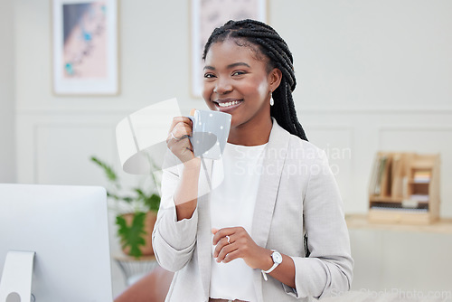 Image of Black woman, business and smile portrait with coffee in office for corporate career. Face of professional african female entrepreneur or CEO with tea cup, success mindset or startup growth motivation