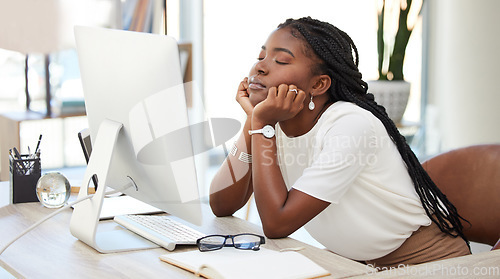 Image of Burnout, sleeping and business with black woman in office for tired, overworked and stress. Mental health, fatigue and exhausted with female employee napping at desk for depressed, bored and relax