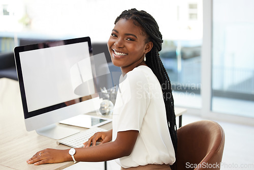Image of Portrait, computer screen and business woman in startup career, creative mindset or planning in office. Happy face of african person for internship opportunity or marketing agency in desktop mockup