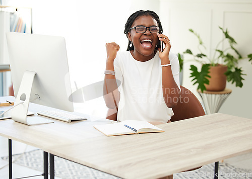 Image of Phone call, success and winner with black woman in office for goal, celebration and bonus. Promotion, achievement and target with excited female employee for communication, networking and contact