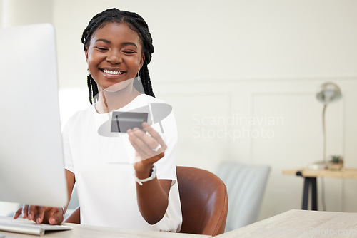 Image of Computer, credit card and business woman for happy online shopping, e commerce and fintech, loan or home office finance. African person typing, web banking and desktop pc for payment or security code