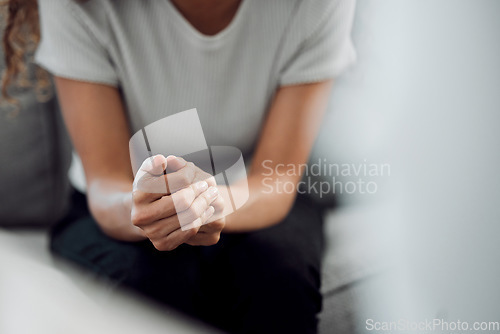 Image of Hands, psychology and mental health with a woman in a therapy session for grief counseling after loss. Anxiety, stress or depression with a female patient feeling nervous in a clinic for support