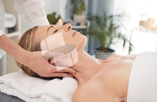 Image of Relax, spa and woman with a massage, wellness and pamper treatment with grooming, stress relief or self care. Female person, mature lady or customer with luxury, resort or peace with physical therapy