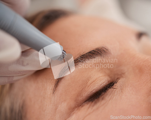 Image of Microblading, eyebrow and woman for beauty, skincare and cosmetics with collagen treatment or wellness. Customer, people or dermatology worker hands with microneedling, hair or face permanent makeup