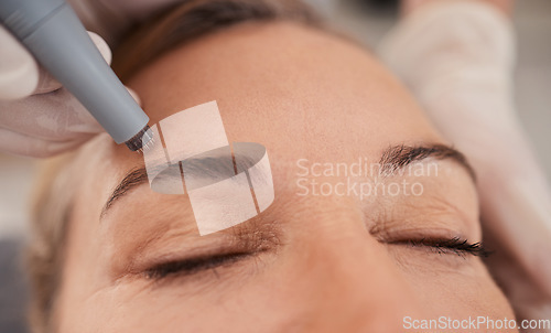 Image of Microneedling, eyebrow and woman for beauty, skincare and cosmetics with collagen treatment or wellness. Customer, people or dermatology worker hands with microblading, hair or face permanent makeup