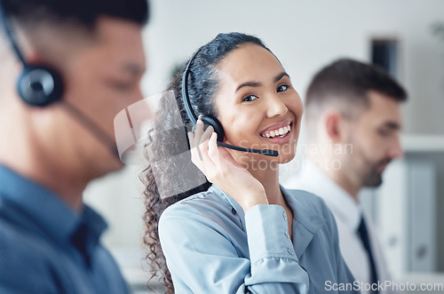 Image of Woman, callcenter with headset, happy in portrait with CRM, communication with technology and contact us. Customer service, telemarketing or tech support, female consultant with smile and help desk