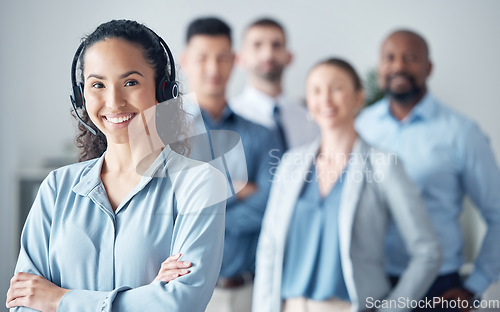 Image of Woman, callcenter and contact us, smile in portrait with leadership and communication, headset and mockup space. Customer service, CRM and help desk with happy female consultant and team leader