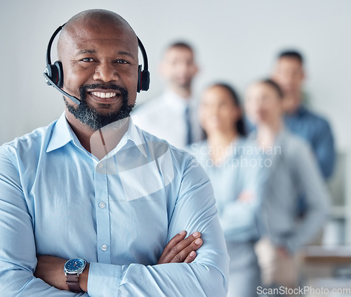 Image of Black man, arms crossed with callcenter and customer service, smile in portrait with leadership and communication. Contact us, CRM and help desk, happy male agent and team leader with mockup space