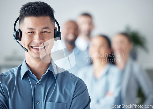 Image of Man, callcenter and contact us, smile in portrait with leadership and communication, headset and mockup space. Customer service or telemarketing, CRM and help desk, happy male agent and team leader