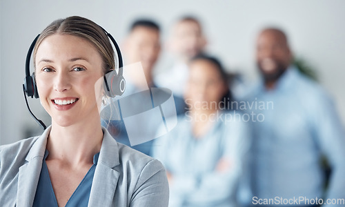 Image of Woman, callcenter and customer service, smile in portrait with leadership and communication, headset and mockup space. Contact us, CRM and help desk with happy female consultant and team leader