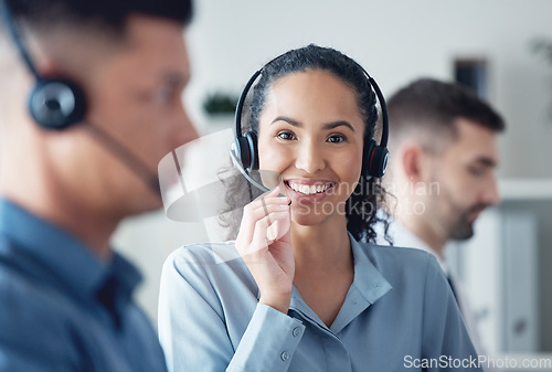 Image of Happy woman in portrait, callcenter and headset with CRM, communication with technology and contact us. Customer service, telemarketing or tech support, female consultant with smile and help desk