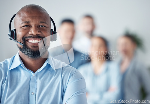 Image of Black man, callcenter and customer service, smile in portrait with leadership and communication, headset and mockup space. Contact us, CRM and help desk with happy male consultant and team leader