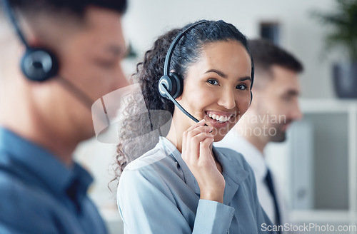 Image of Woman, callcenter and headset, smile in portrait and CRM, communication with technology and contact us. Customer service, telemarketing or tech support with happy female consultant and help desk