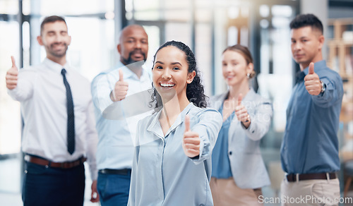 Image of Smile, group of business people in portrait with thumbs up and pride at human resources company. Teamwork, commitment and vision for happy hr team with woman boss in coworking start up with agreement