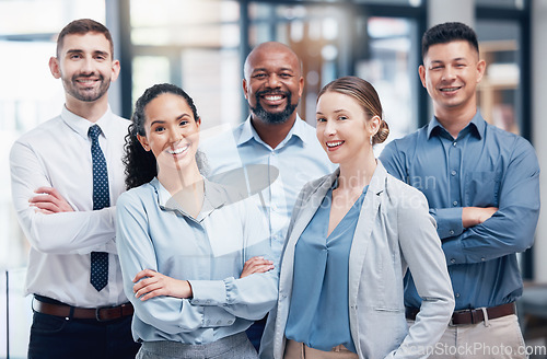 Image of Portrait, group and business people with collaboration, teamwork and project with happiness. Face, coworkers and men with women, diversity and solidarity with executive team, arms crossed and smile