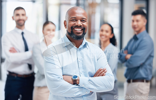 Image of Smile, business people in portrait with black man and confidence at project management company. Teamwork, commitment and vision, happy team with manager and arms crossed in corporate startup office.