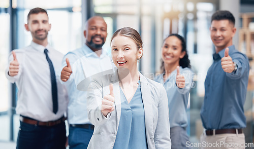 Image of Thumbs up, business people in portrait with woman boss at startup with confidence and pride at law firm. Teamwork, commitment and vision for happy legal team with yes hand sign in startup office.