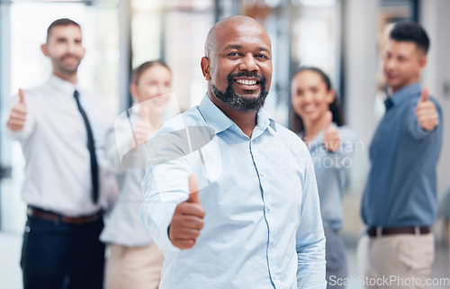 Image of Thumbs up, business people in portrait with team leader and confidence at project management company. Teamwork, pride and vision, happy team with manager and yes hand sign at winner startup office.