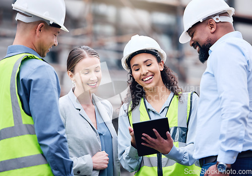 Image of Construction, building and group with architect on tablet, project blueprint or engineering planning for work site. People, teamwork and engineer with technology, strategy or idea for contractor