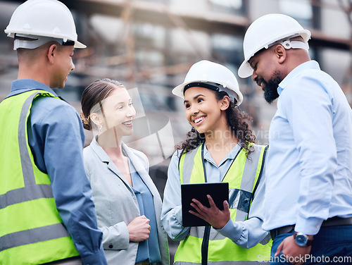 Image of Architect, construction and group working on tablet, project blueprint or engineering planning for work site. People, teamwork and engineer with technology, strategy or idea for building contractor