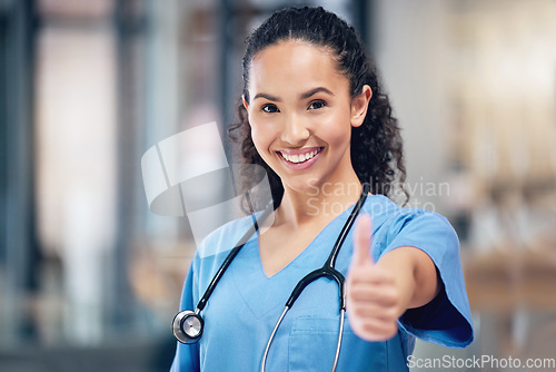 Image of Happy woman, doctor and portrait with thumbs up for healthcare, winning or success at the hospital. Female person or medical professional with thumb emoji, yes sign or like for goals at the clinic