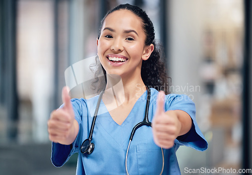 Image of Happy woman, doctor and portrait smile with thumbs up for healthcare, winning or success at the hospital. Female person or medical professional with thumb emoji, yes sign or like for goals at clinic