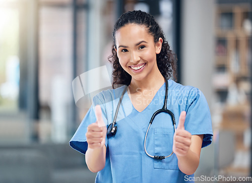 Image of Happy woman, doctor and portrait with thumbs up for winning, success or good job in healthcare at hospital. Female person or medical professional with thumb emoji, yes sign or like for goal at clinic