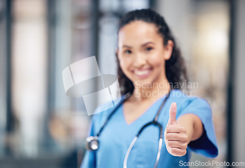 Image of Woman, doctor and hand in thumbs up for healthcare, winning or success for good job at hospital. Hand of female person or medical professional with thumb emoji, yes sign or like for goals at clinic
