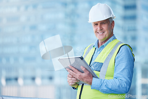 Image of Portrait, engineer and man with a tablet, outdoor or construction with architecture, smile or website information. Face, mature male person or handyman with technology, project management or research