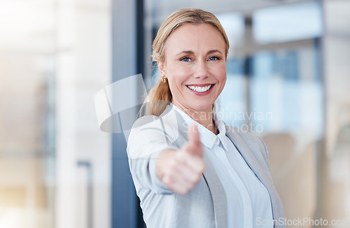 Image of Business woman, portrait smile and thumbs up for winning, success or good job at the office. Happy female person, CEO or employee showing thumb emoji, yes sign or like for win, goals or motivation