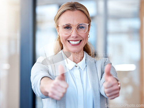 Image of Business woman, portrait smile and thumbs up for thank you, success or winning at the office. Happy female person, CEO or employee with thumb emoji, yes sign or like for win, goals or motivation