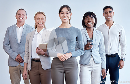 Image of Leadership, happy and portrait of business people in an office for corporate work and solidarity. Smile, together and diversity at a legal company with lawyers and a manager with support for team