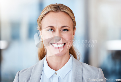 Image of Happy, smile and portrait of business woman in office for professional, confident and mindset. Happiness, pride and corporate with face of Switzerland employee for career, mockup space and natural