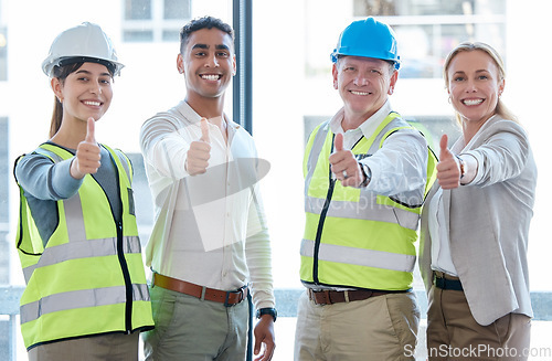 Image of Thumbs up, engineering and portrait of people for success, thank you and construction worker like, yes or okay sign. Happy face, architecture and women, men or team good job, support and thanks hands