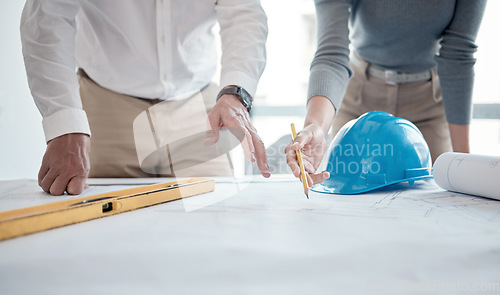 Image of Planning, architecture and people with floor plan, sketch and drawing for construction, development and teamwork. Team, partner or business man and woman hands with blueprint for engineering design