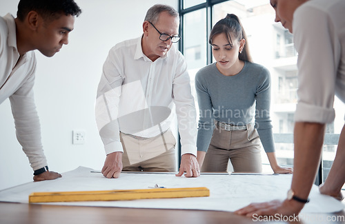Image of Planning, blueprint and business people in office meeting, teamwork and construction worker design or engineering. Paper, floor plan and focus of manager, women and men with sketch for architecture