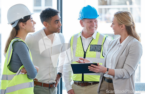 Image of Tablet, engineering and group of people talking, planning and project management, design meeting or development. Architecture, teamwork and leader, women and men with digital or paperless floor plan