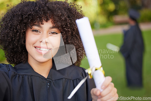 Image of Graduation, selfie and portrait of woman student or graduate celebrate achievement on university or college campus. Happy, happiness and person with certificate, scholarship or diploma from education