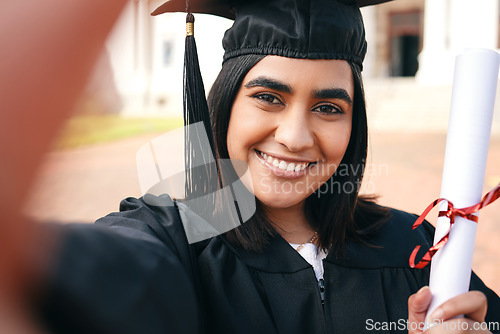 Image of Certificate, selfie and portrait of a woman graduate with success or achievement on college or university campus. Graduation, happy and young person or student with a diploma in education scholarship