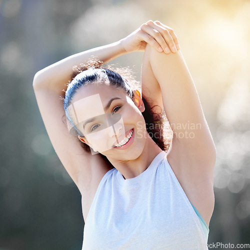 Image of Stretching, fitness and portrait of woman in nature for exercise, training and cardio workout in nature. Sports, motivation and happy female person stretch arms for warm up, wellness and performance