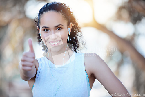 Image of Happy woman, fitness and portrait smile with thumbs up for winning, success or workout in nature. Fit, active or sporty female person or runner smiling with thumb emoji, yes sign or like for exercise