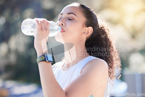 Image of Woman, fitness and drinking water in nature for sustainability after workout, running or exercise. Fit, active and thirsty female person or runner with drink for hydration, rest or break outdoors