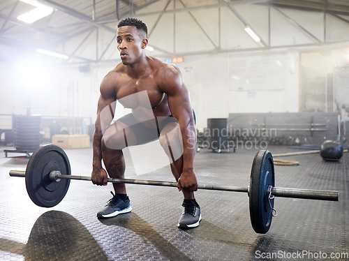 Image of Fitness, muscle and black man with a barbell, training and exercise with strength, wellness and health. Male person, body builder and athlete with gym equipment, strong and workout goal with progress